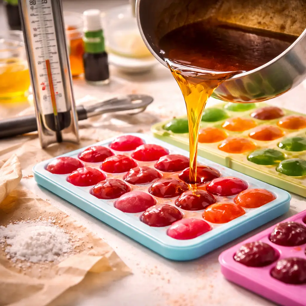 cannabis candy recipes pouring hot sugar mixture into candy molds