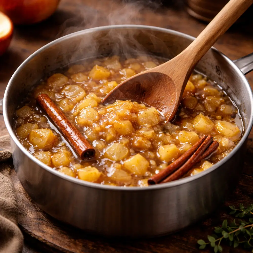 Homemade applesauce cooking for pork chops