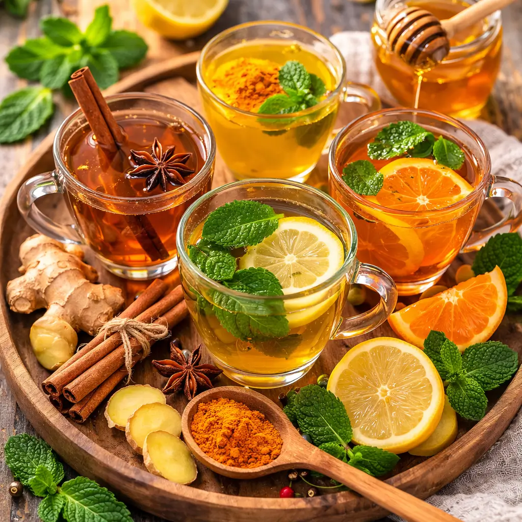 Preparing pulhia tea in a saucepan with mint ginger and lemon