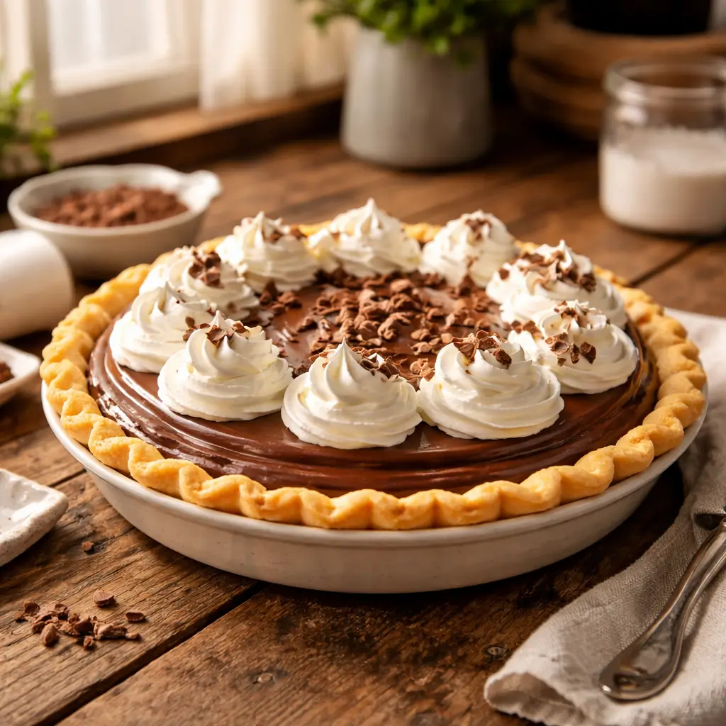 Homemade French silk pie with whipped cream topping and chocolate shavings