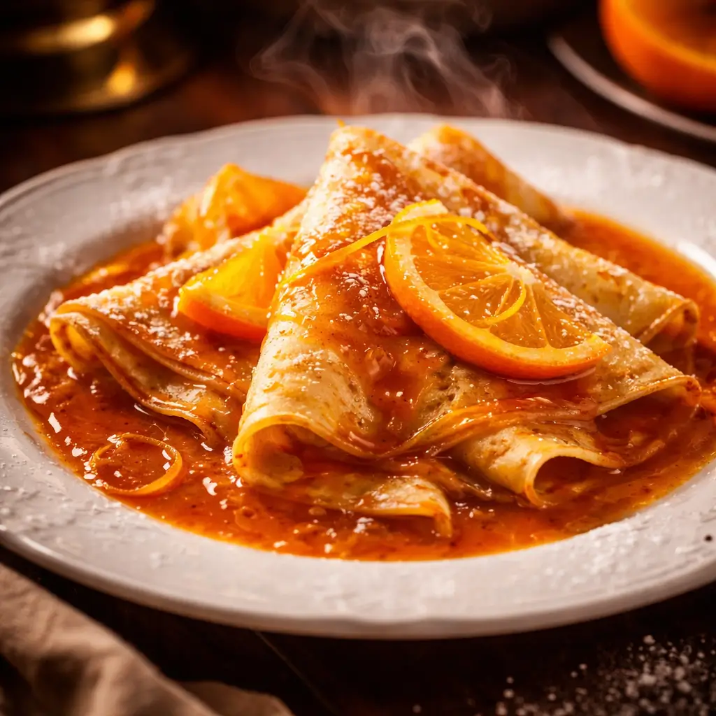 Elegant Crêpes Suzette with orange butter sauce and garnish