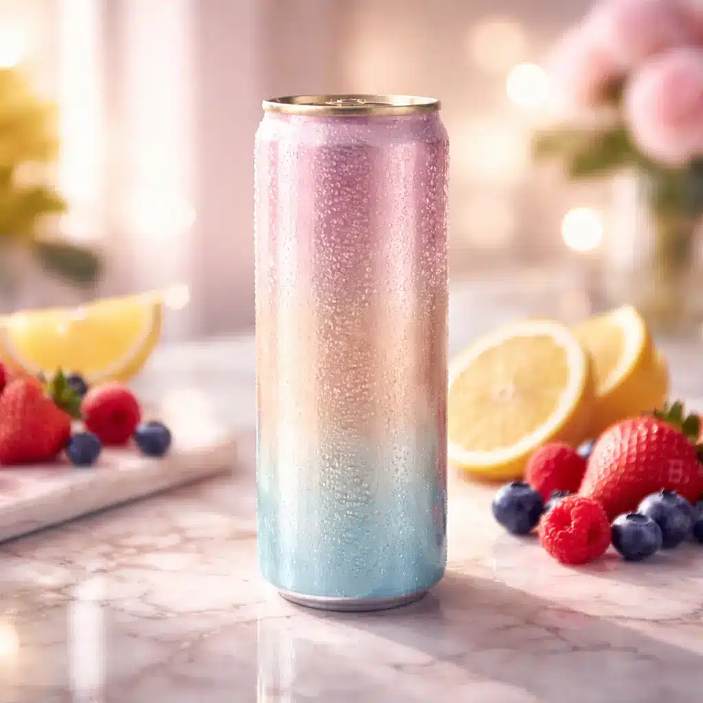 Luxury style energy drink can with lemon and berries on marble countertop representing celebrity inspired energy drink trend