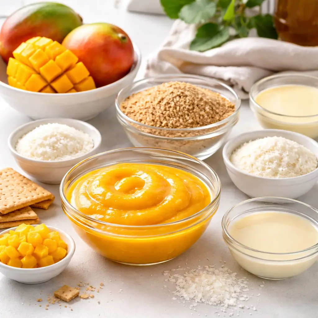 Ingredients for mango truffles including fresh mango and crushed cookies