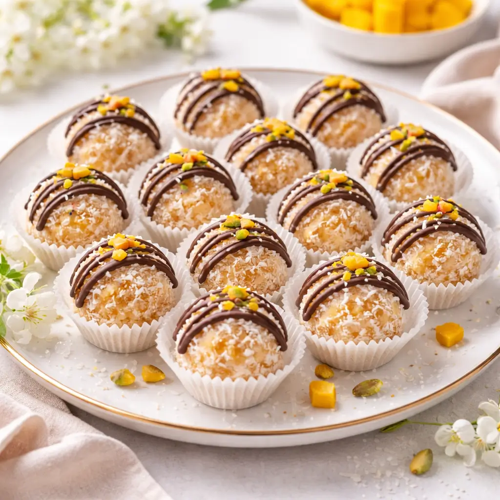 Mango truffles served on decorative platter