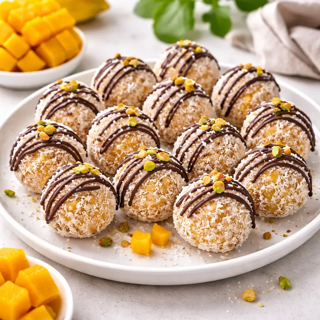 Mango truffles with coconut coating and chocolate drizzle