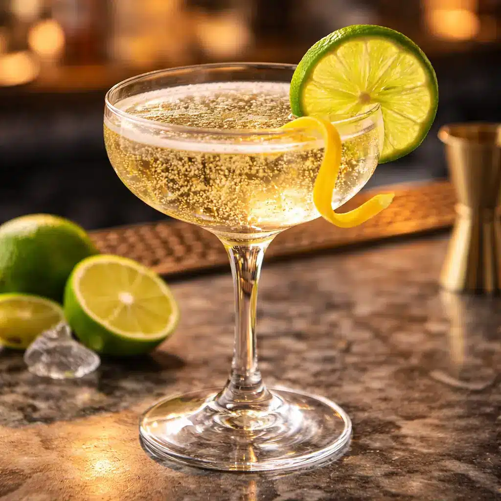 Mexican 75 cocktail with citrus garnish served in a coupe glass