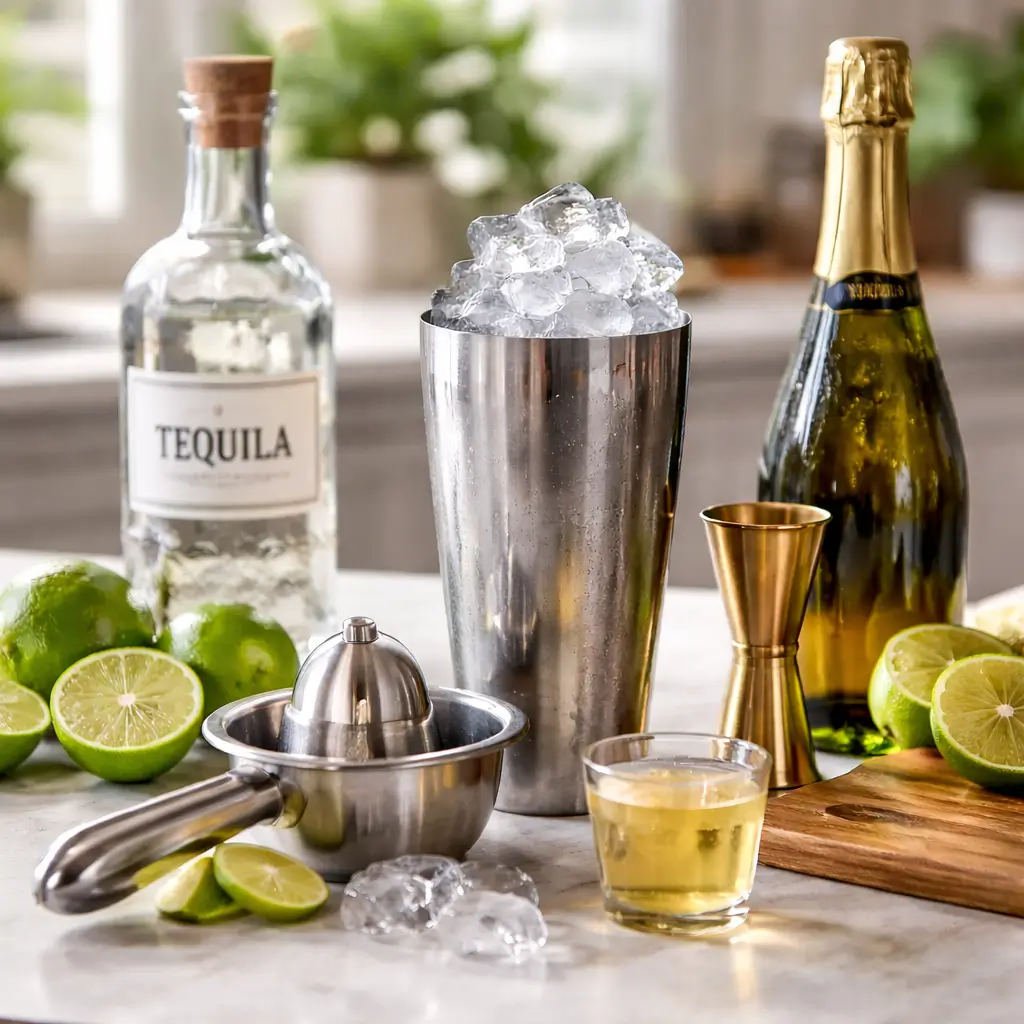 Ingredients and tools used to prepare a Mexican 75 cocktail