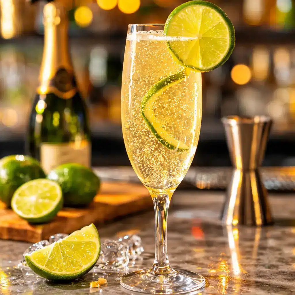 Mexican 75 cocktail with tequila, lime juice, and sparkling wine in a champagne flute