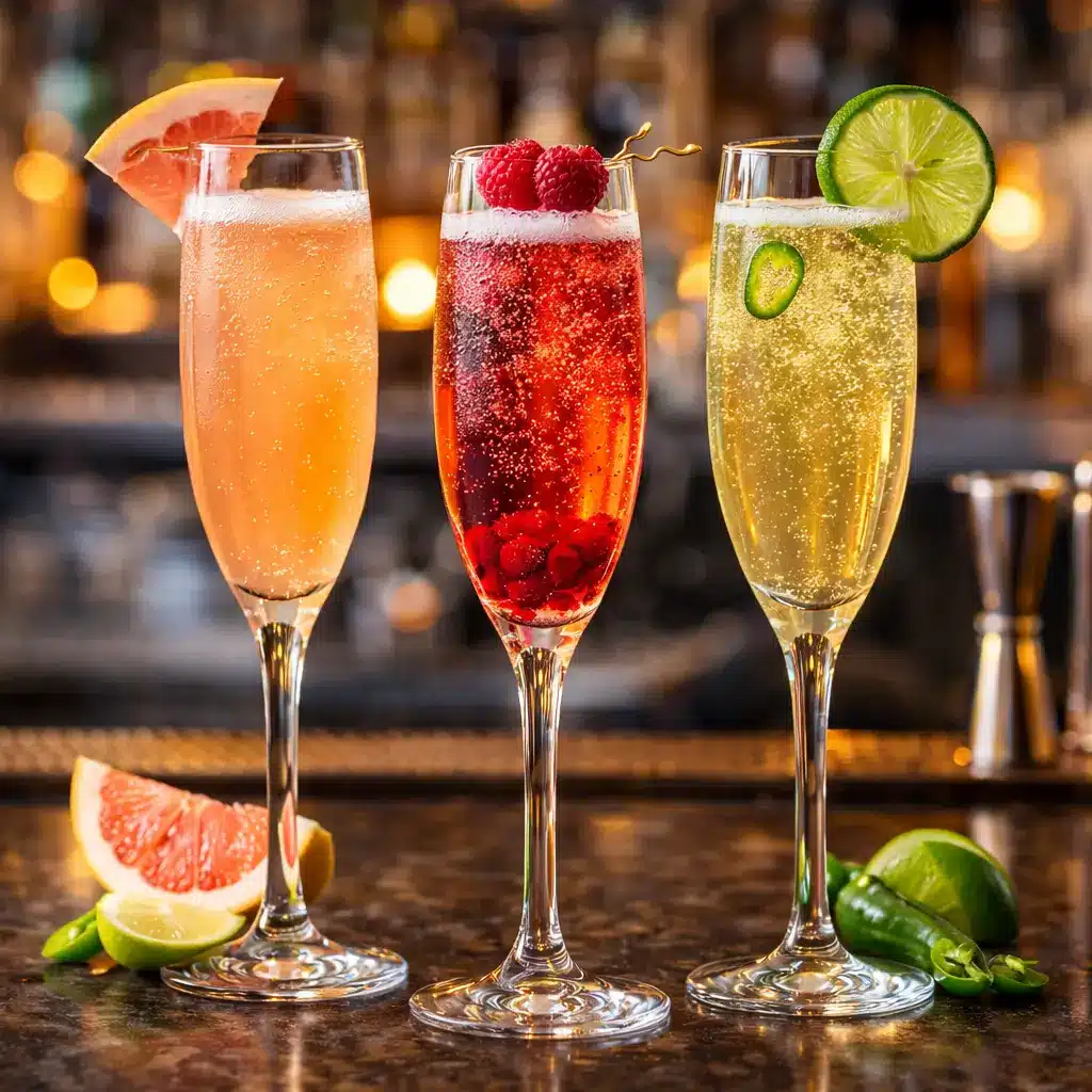 Different Mexican 75 cocktail variations with grapefruit, berries, and jalapeño