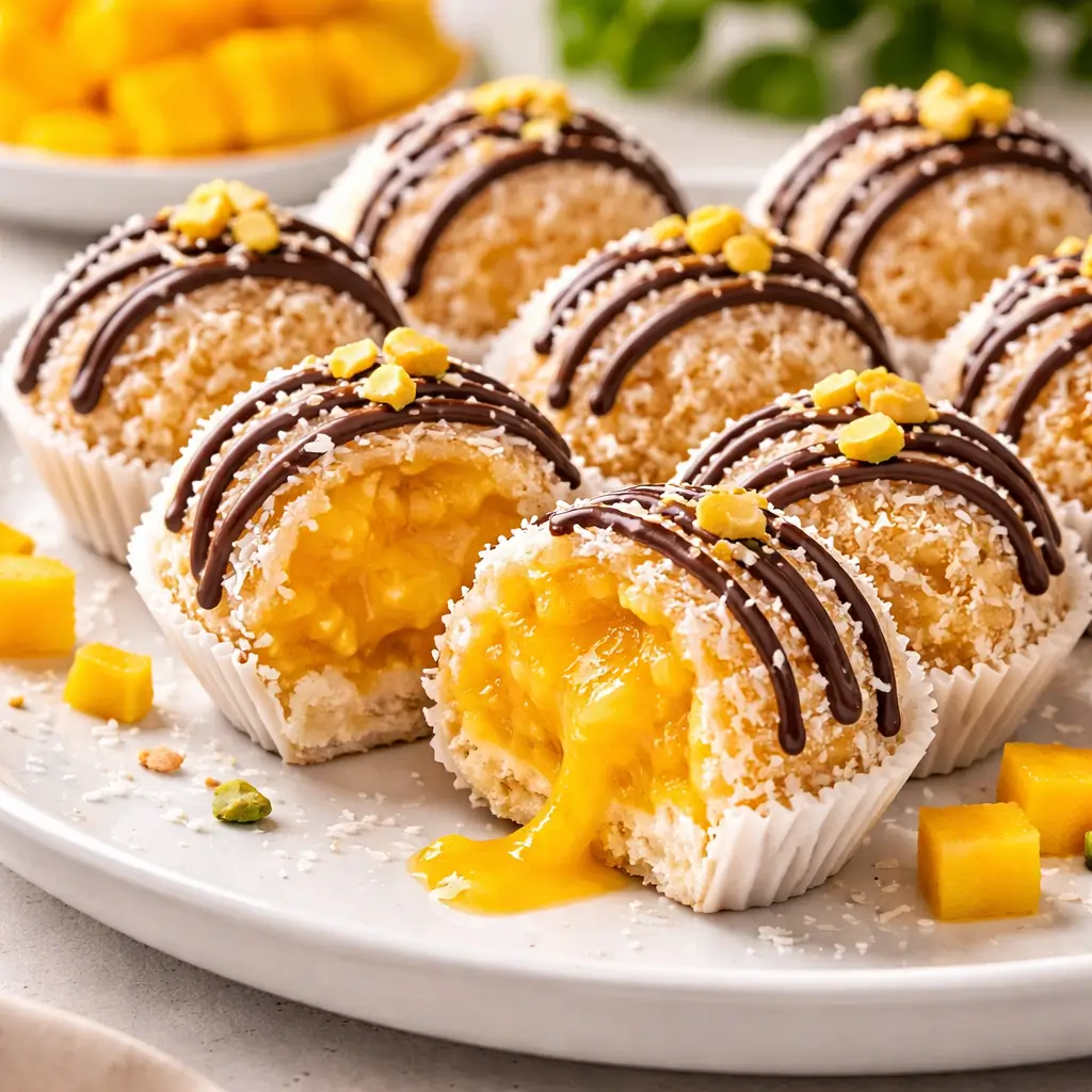 Creamy no bake mango truffles with coconut coating and chocolate drizzle close up