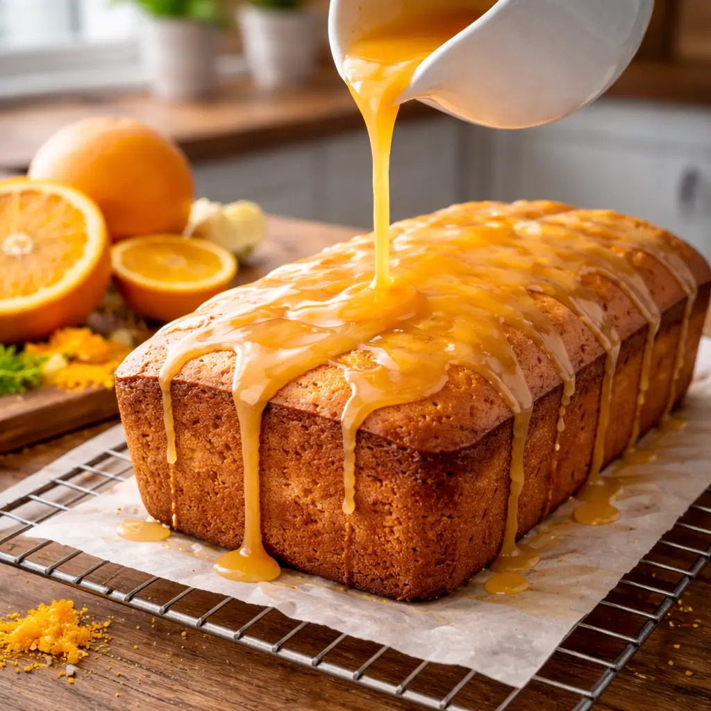 Pouring fresh orange glaze over homemade pound cake