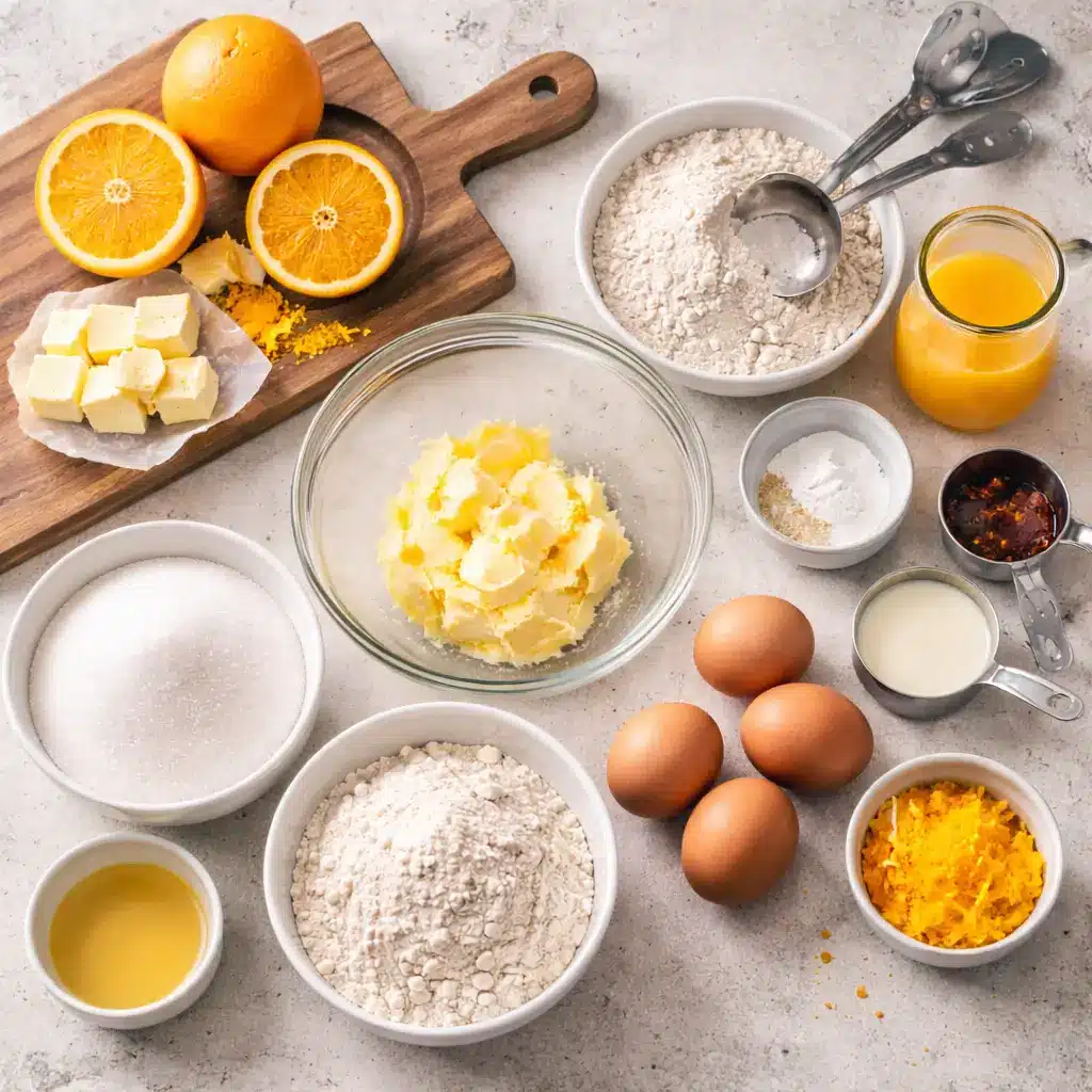 Ingredients needed to make homemade orange pound cake