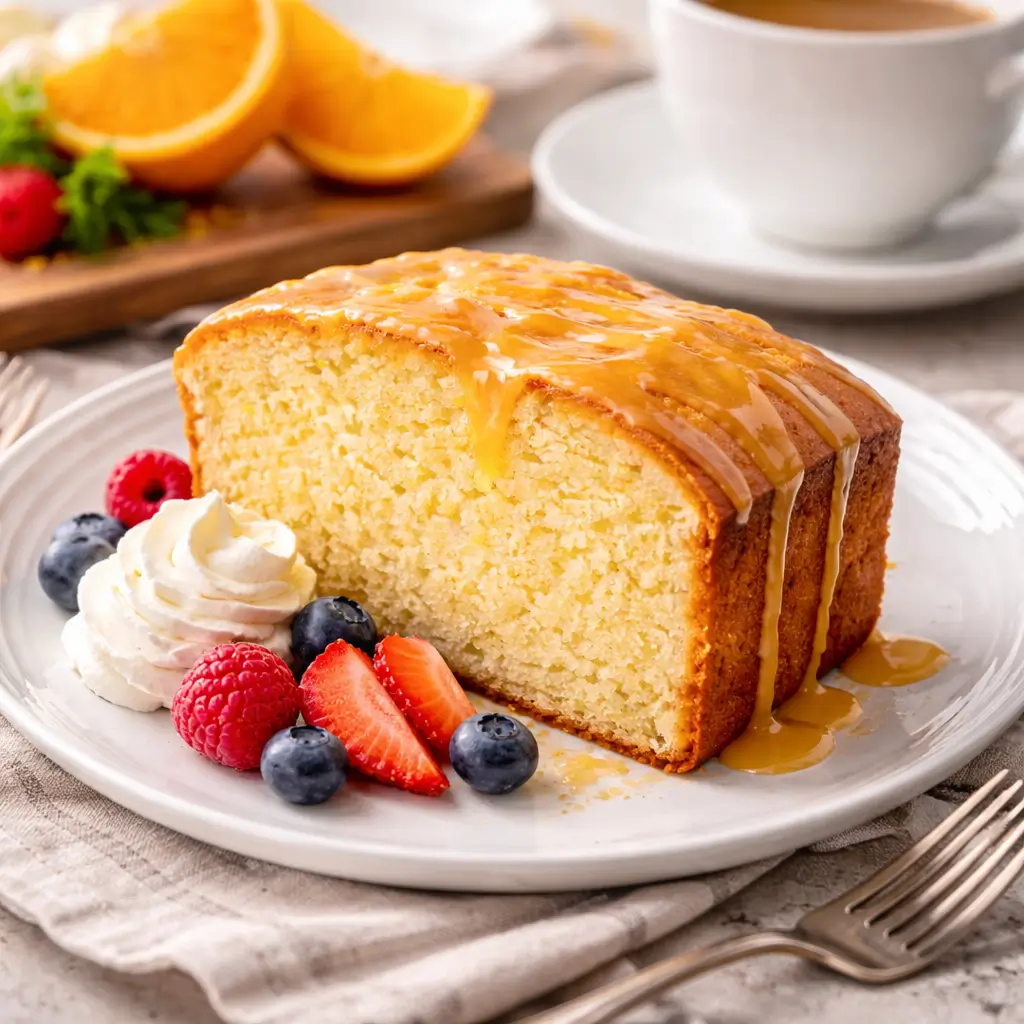Slice of orange pound cake stock's bakery served with berries and whipped cream