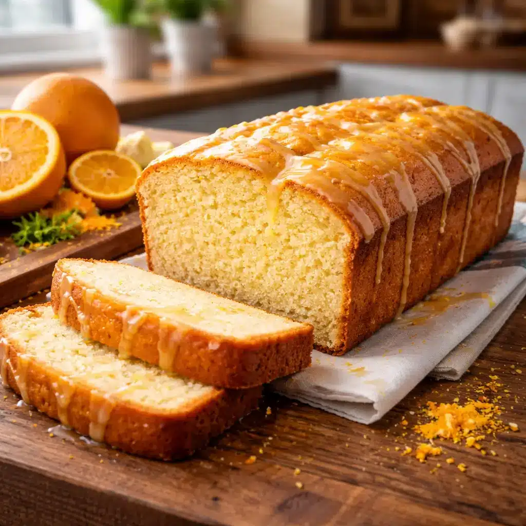 Homemade orange pound cake inspired by Stock's Bakery with glossy citrus glaze and moist crumb