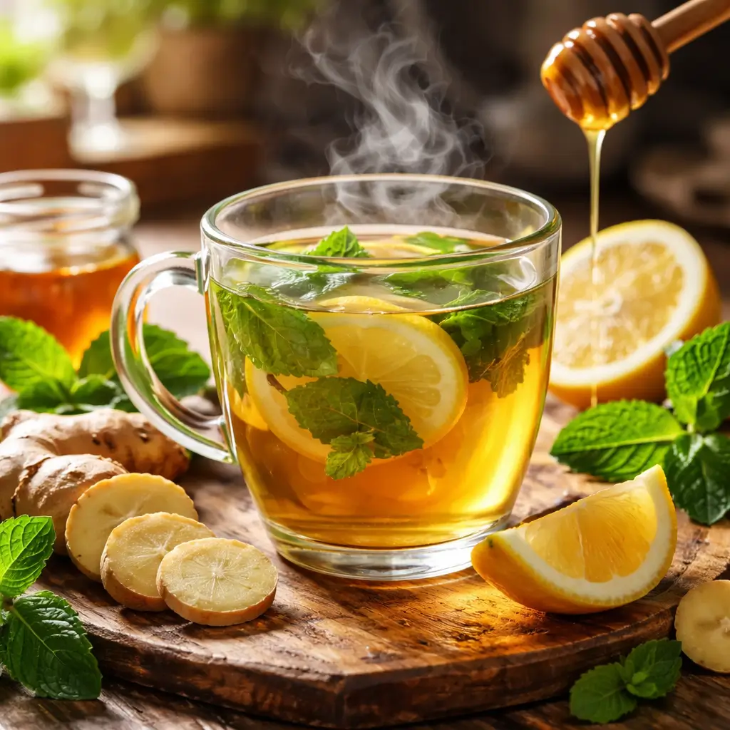 Steaming pulhia tea with mint ginger lemon and honey