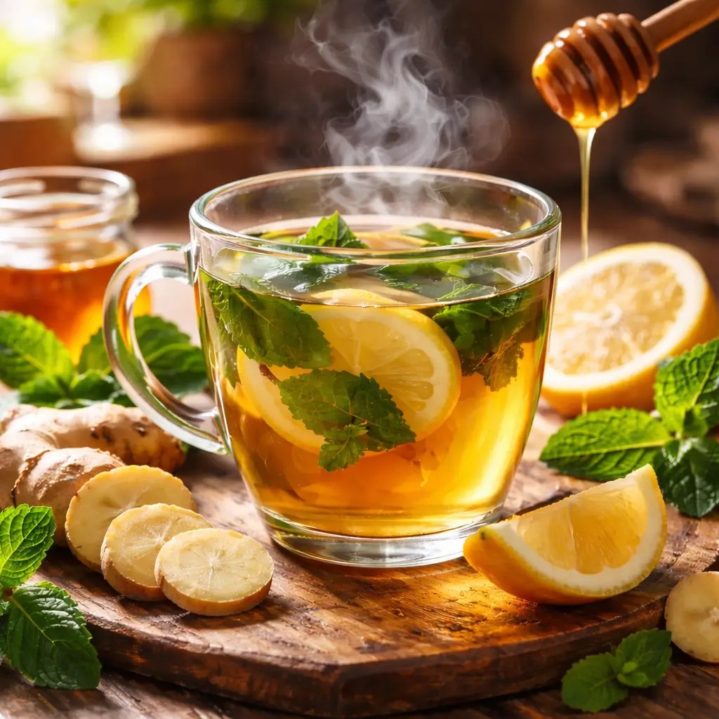 Fresh pulhia tea with mint ginger lemon and honey in a steaming glass cup