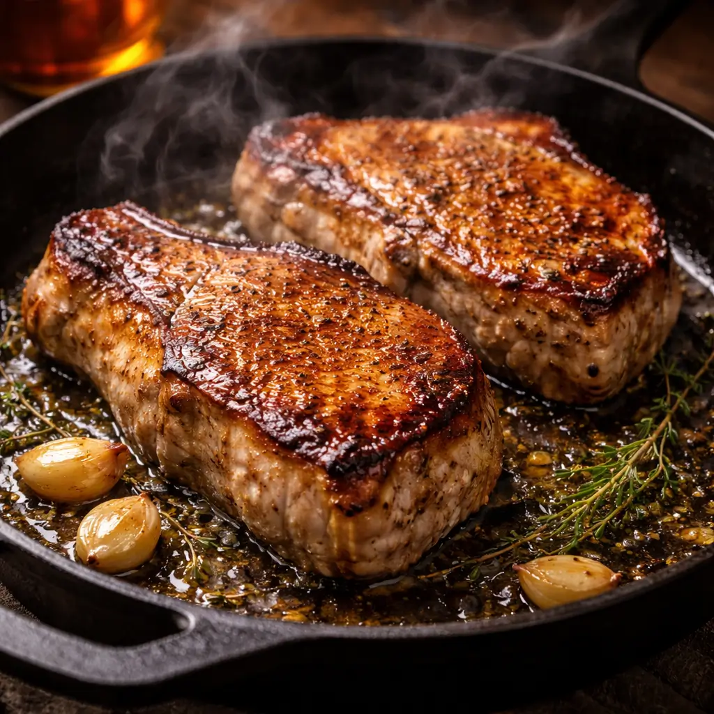 Pork chops searing in skillet for Bobby Flay pork chops and applesauce recipe