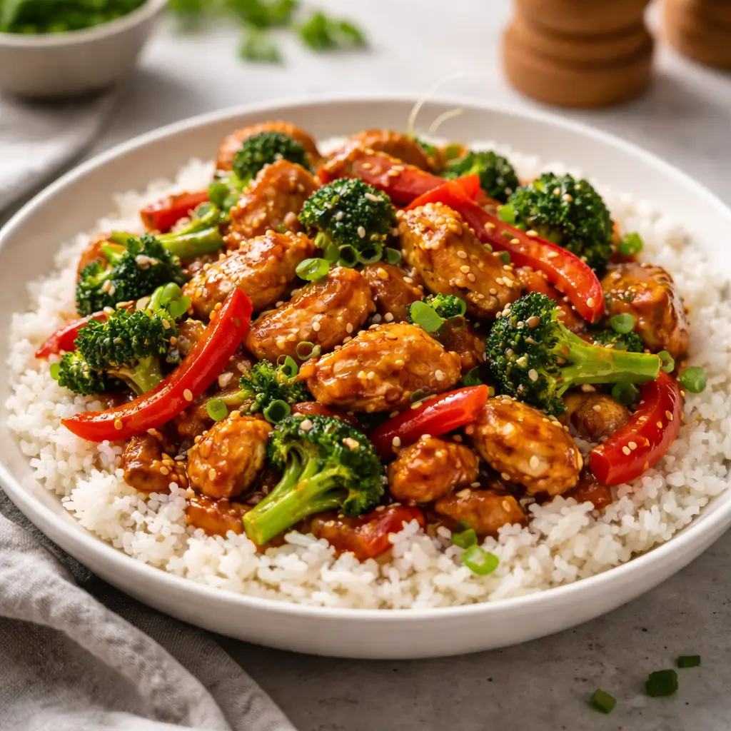 Spicy garlic chicken stir fry with vegetables served over jasmine rice