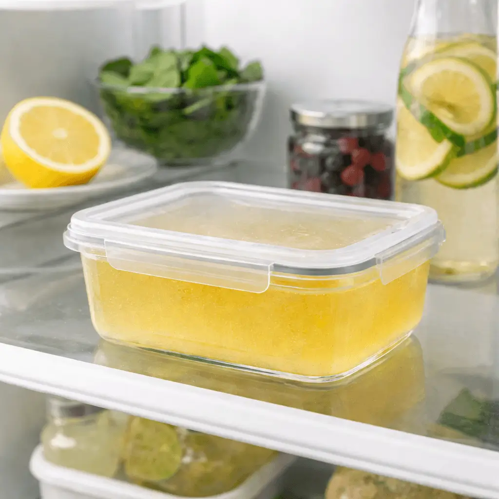 Prepared gelatin stored in glass container in fridge
