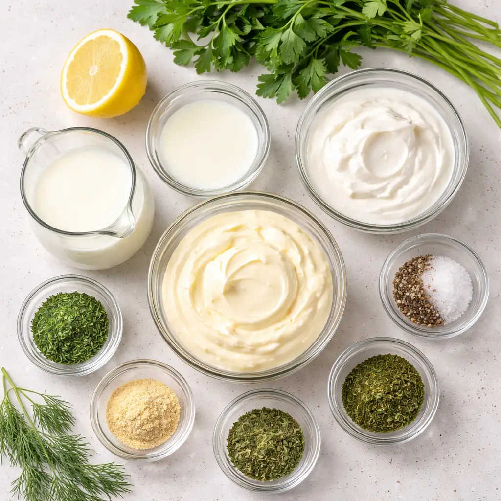 Ingredients for making homemade taco mac ranch dressing