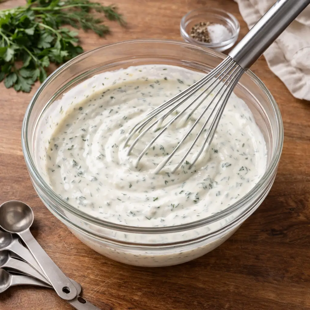 Mixing ingredients for taco mac ranch recipe in a bowl