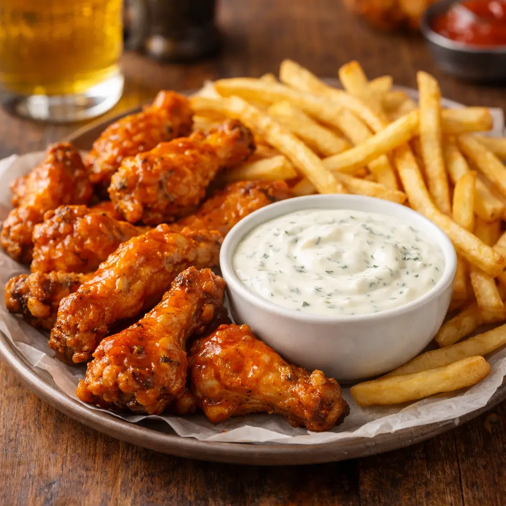 Chicken wings served with taco mac ranch dipping sauce