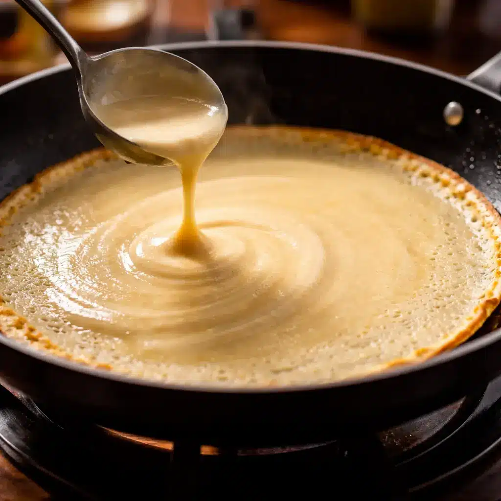 Thin crêpe batter spreading in pan for perfect texture