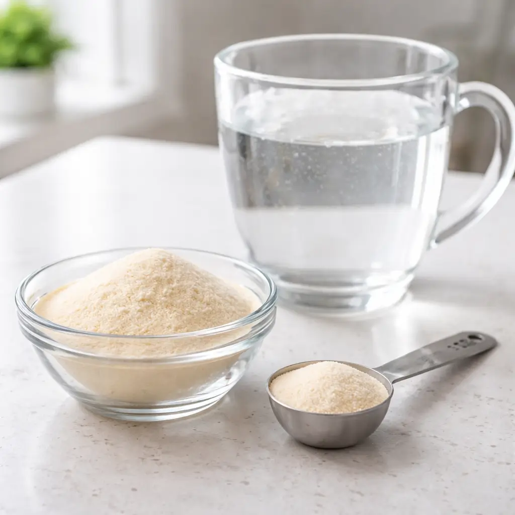 Unflavored gelatin powder measured for wellness drink
