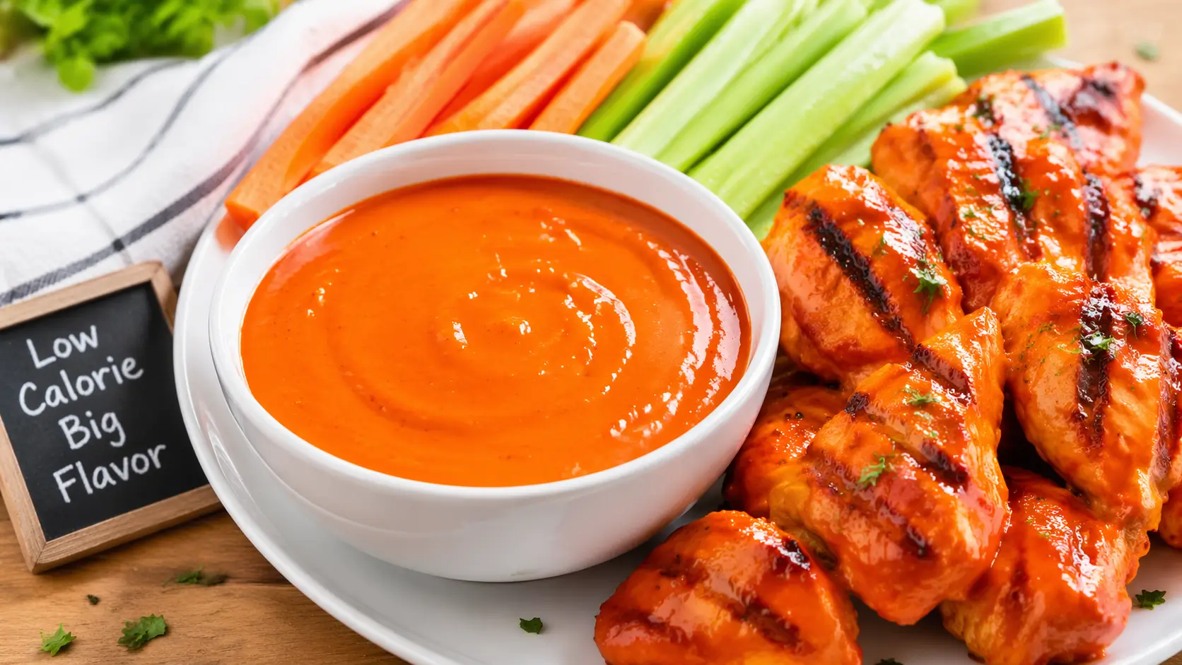 Low calorie buffalo sauce recipe served with healthy sides