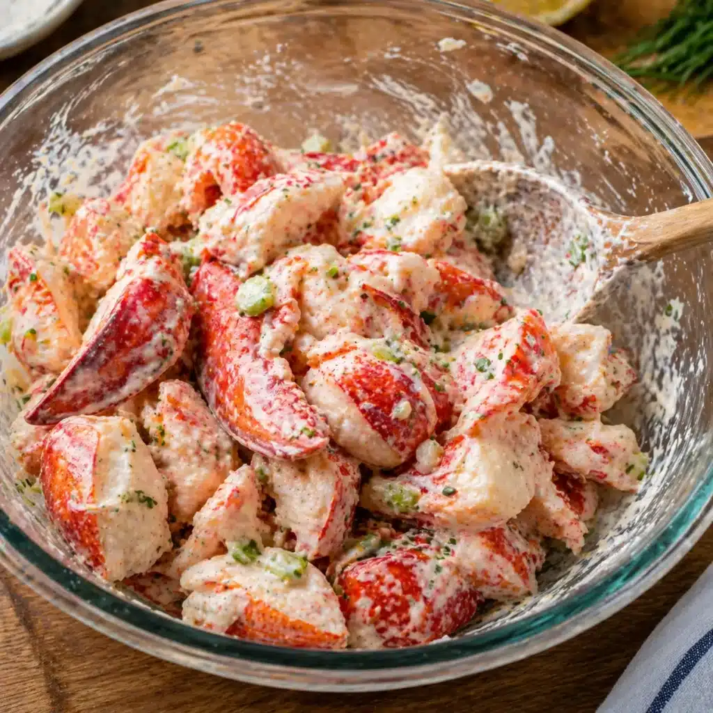 mixing lobster filling for Nova Scotia lobster roll recipe