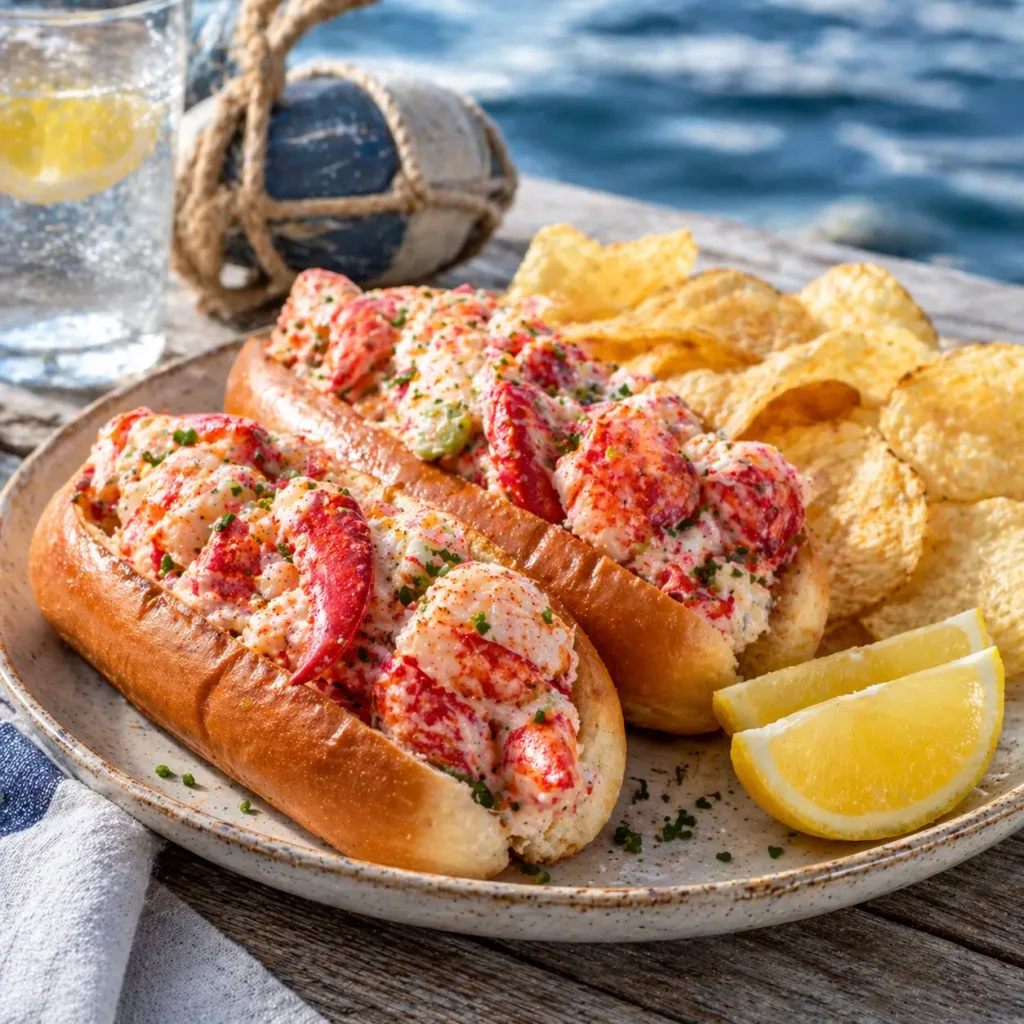 plated Nova Scotia lobster roll recipe with sides