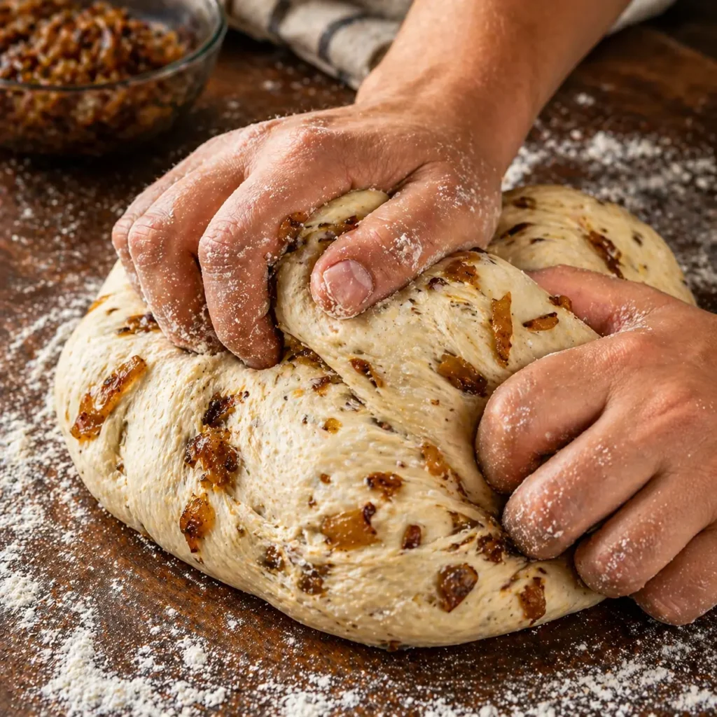 pretzel dough with caramelized onions