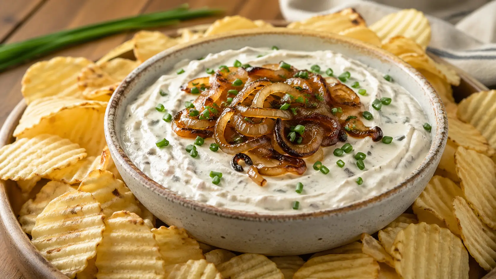 Homemade deans french onion dip served with potato chips