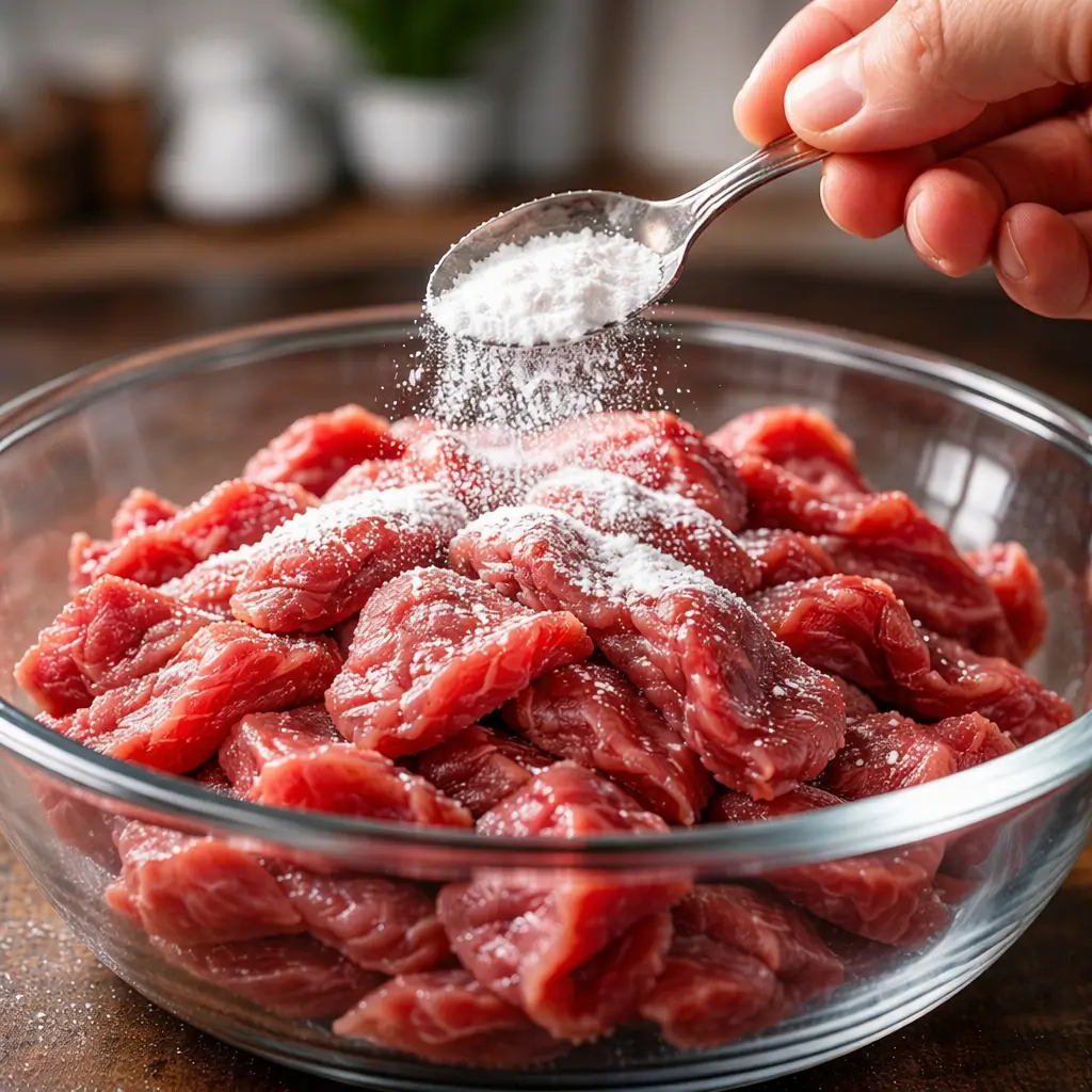 sprinkling baking soda on sliced beef for tenderizing