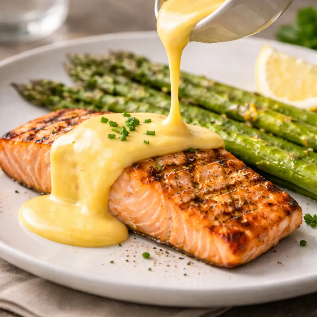 hollandaise sauce served with salmon and vegetables