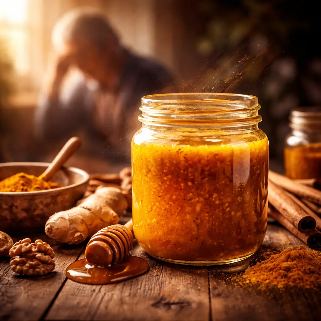 honey recipe for dementia visual with glowing honey jar and soft elderly background