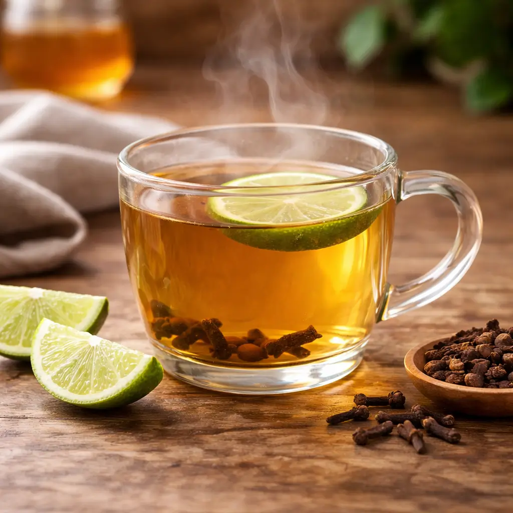 Warm lime and clove tea ready to drink