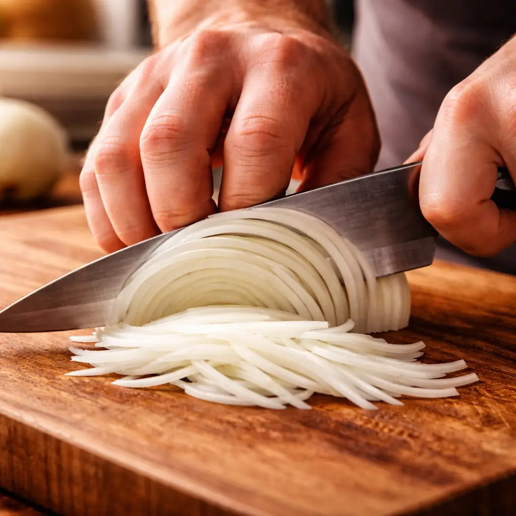proper knife grip for julienning an onion safely