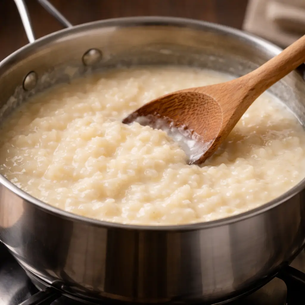 cooking kozy shack rice pudding on stove