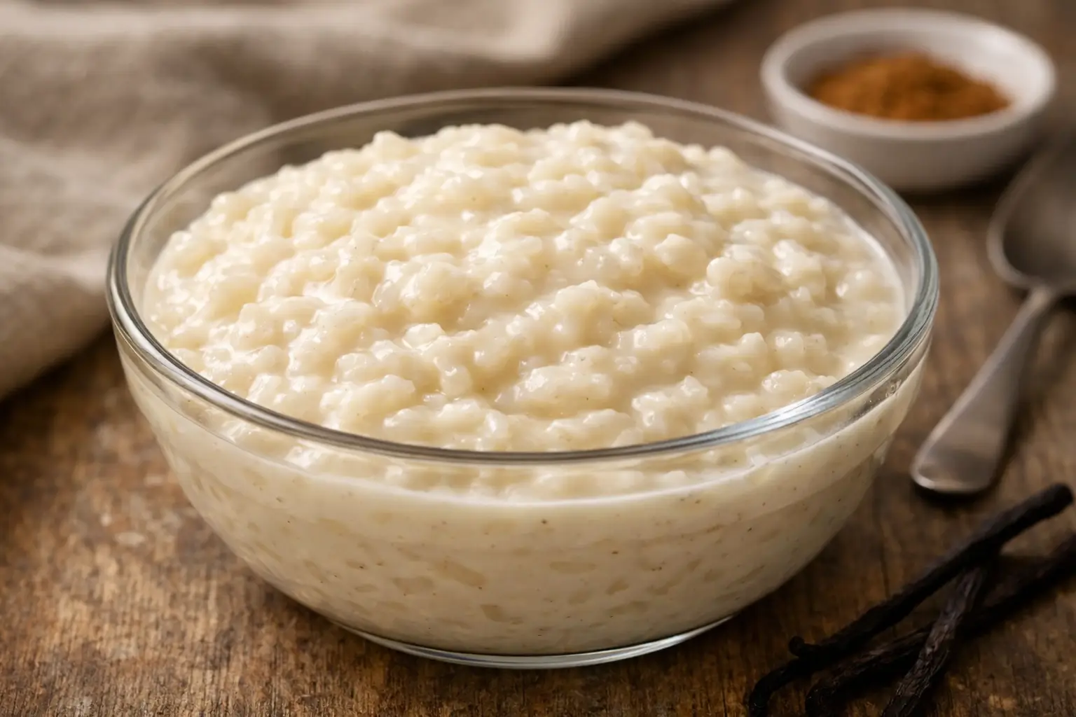 creamy rice pudding in glass bowl soft lighting realistic texture