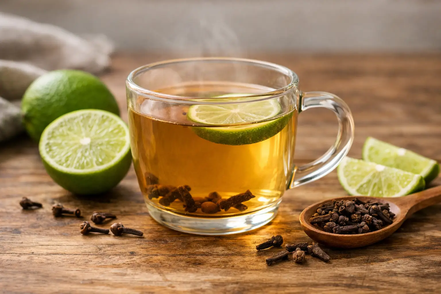 Lime and clove tea in a glass mug with fresh ingredients