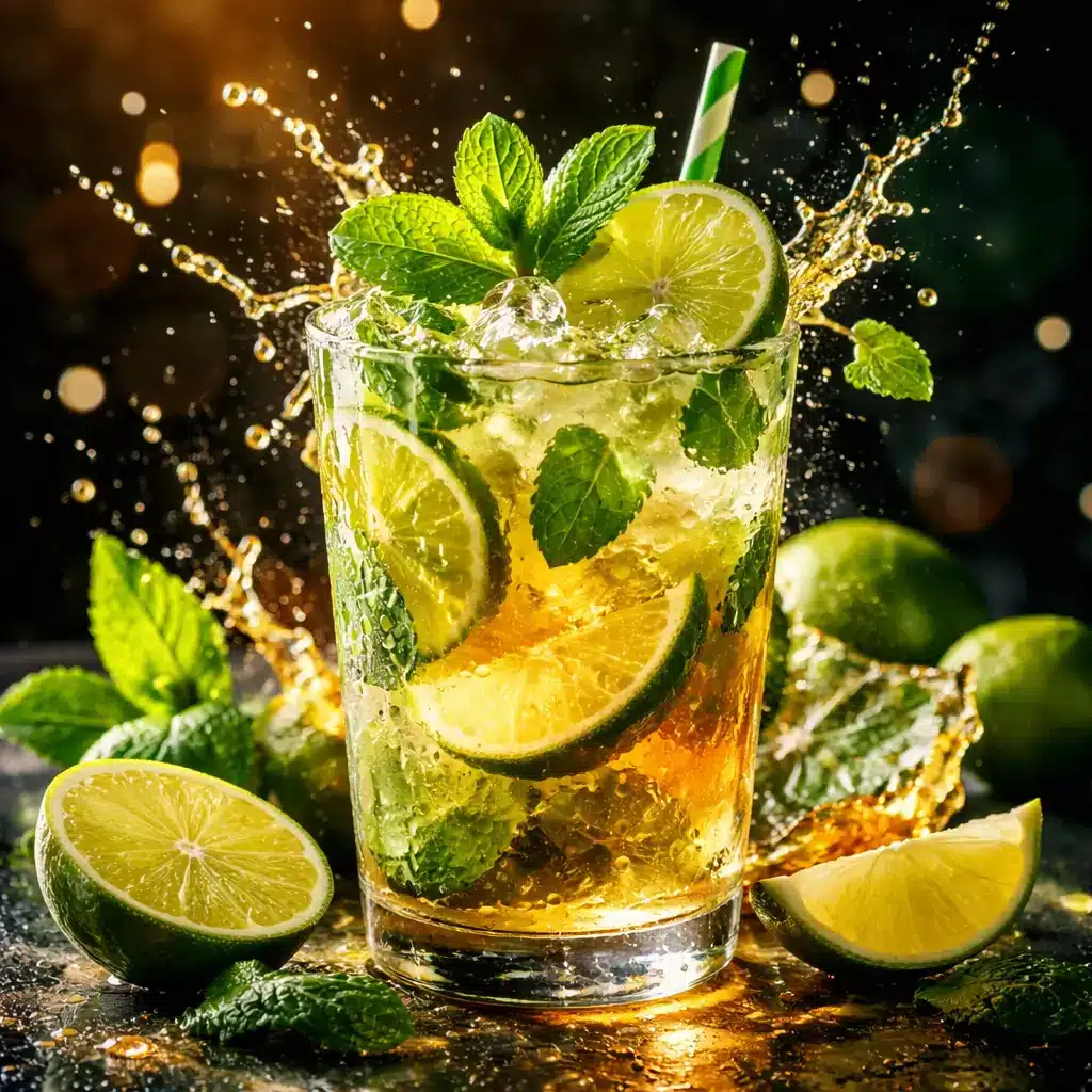 Refreshing liquid maria juana recipe drink with citrus and mint in a vibrant glass