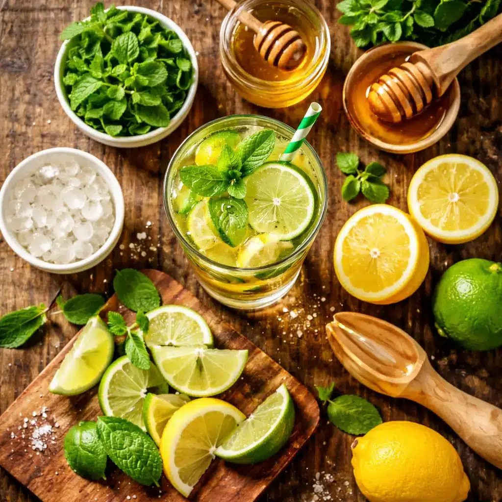 Fresh ingredients for liquid maria juana recipe including citrus and mint