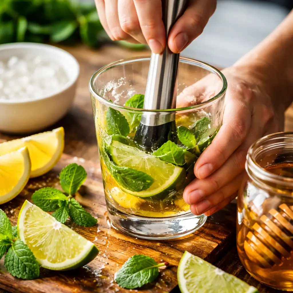 Muddling mint and lime for liquid maria juana recipe preparation