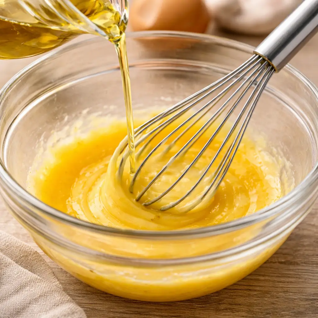 whisking egg yolk and oil for mayonnaise