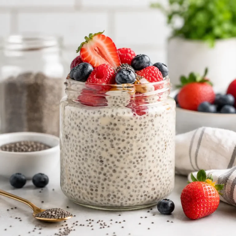 Creamy chia gelatin trick recipe in a glass jar with berries