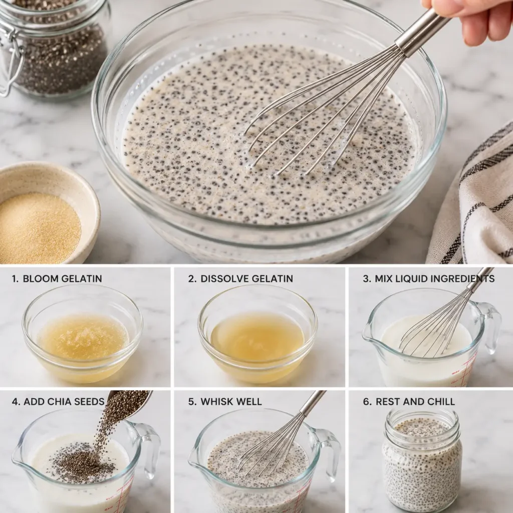 Mixing chia gelatin trick recipe in bowl