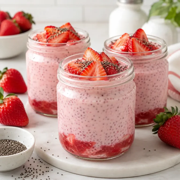 Creamy strawberry chia jello trick recipe in glass jars