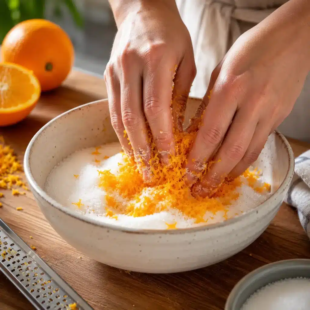 Mixing orange zest into sugar for orange peel trick recipe
