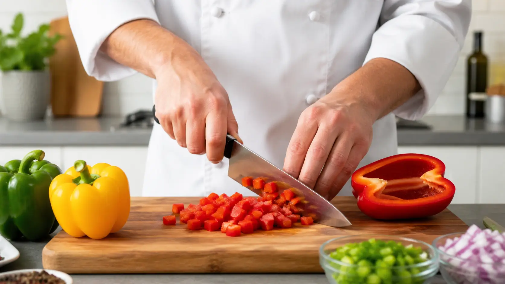 how to dice a bell pepper step by step on cutting board